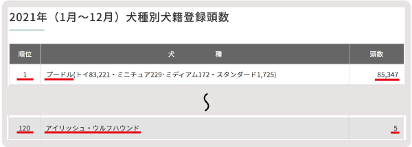 2021年犬種別犬籍登録頭数