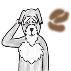 アイリッシュ・ウルフハウンドの糞が特大で照れるイラスト