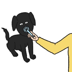 ガン探知犬が呼気のチェックをするイラスト